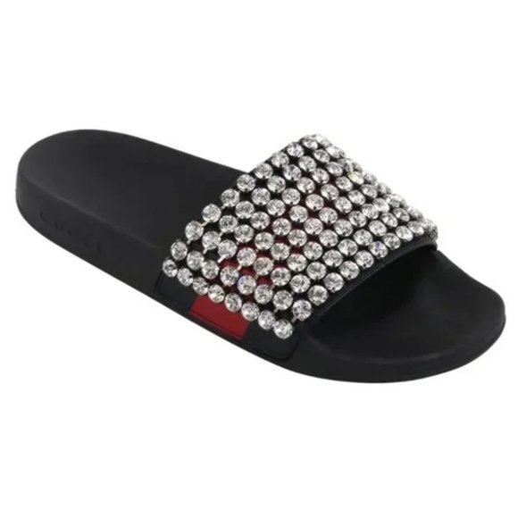 Gucci Crystal Embellished Web Slide Sandals Calfskin Leather and Rubber NEW - Picture 3 of 10